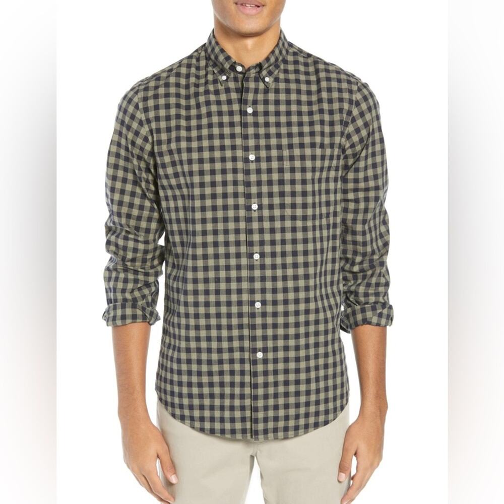 J Crew Slim Fit Stretch Secret Watch Button Down Shirt Navy Olive Plaid Small